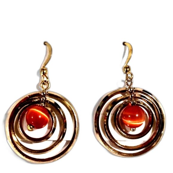 Gold Layered Circle Drop Earrings with Bead Center – Women's Artistic Statement - Picture 3 of 8
